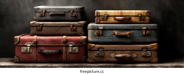 Vintage Suitcases Stacked on a Wooden Surface