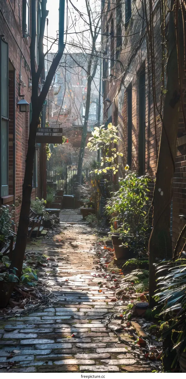 Brick Pathway Through a Courtyard with Greenery