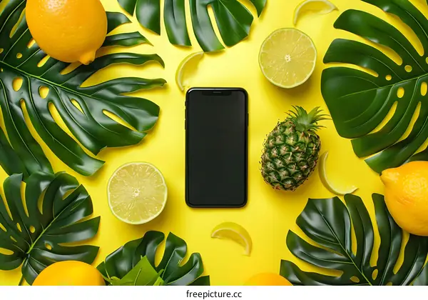 Tropical Summer Phone Mockup With Fruits And Leaves