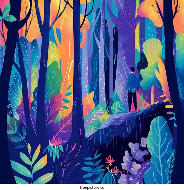 Colorful Illustration of a Man Standing in a Forest