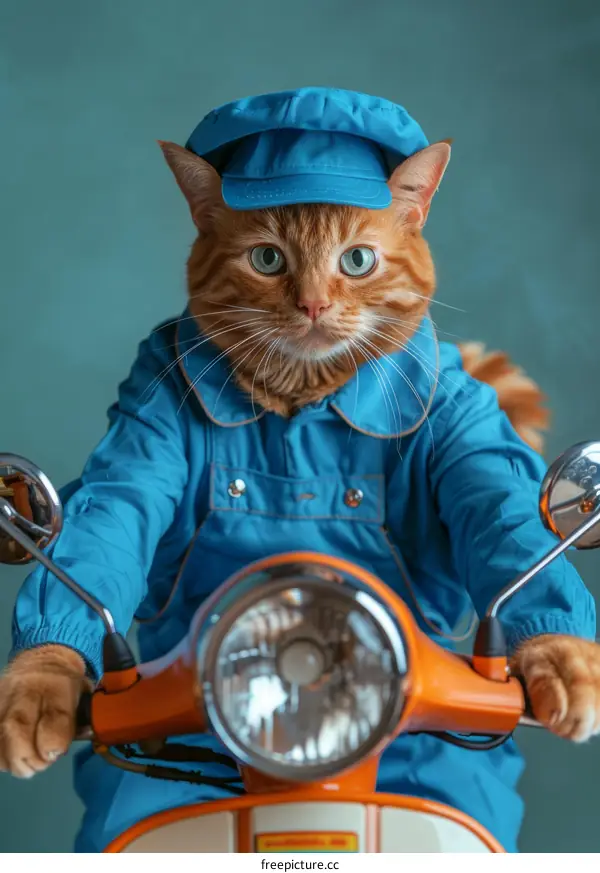Funny Cat in Blue Uniform Riding Scooter