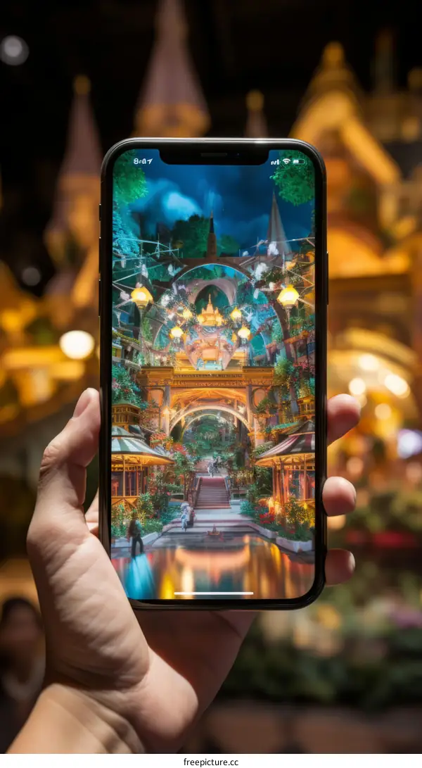 A person holding a phone in a beautiful city street with a lot of lights and decorations