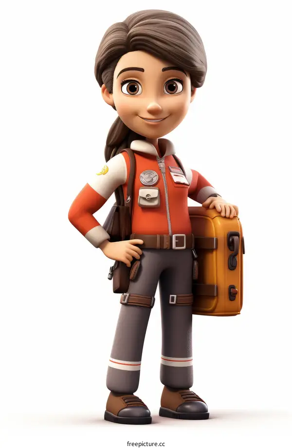 A young girl in a bright orange jumpsuit and brown boots holds a brown suitcase in her hand.