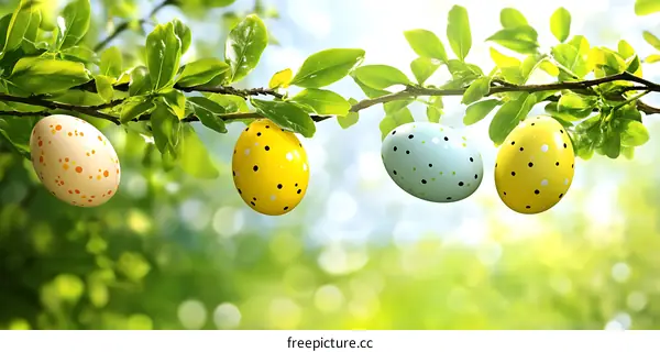 Easter Eggs Hanging on a Branch in Spring