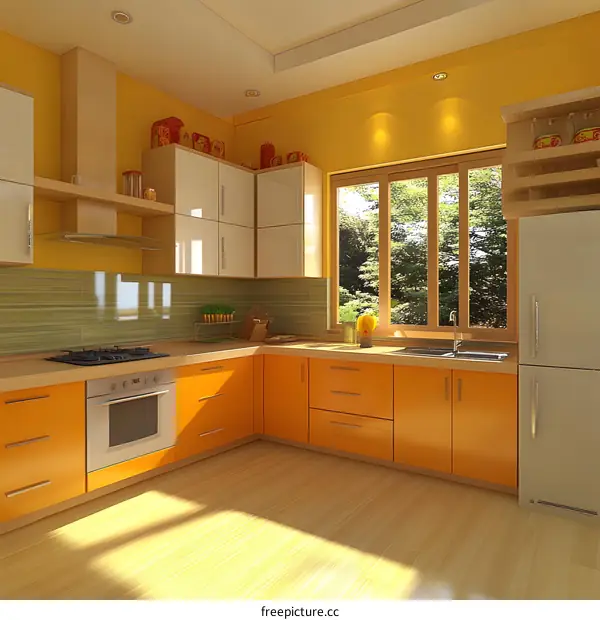 Modern Kitchen Interior Design With Orange Cabinets And Wooden Floor