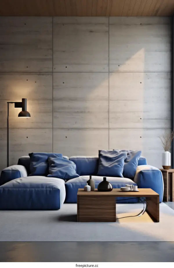 Blue sofa in a minimalist living room