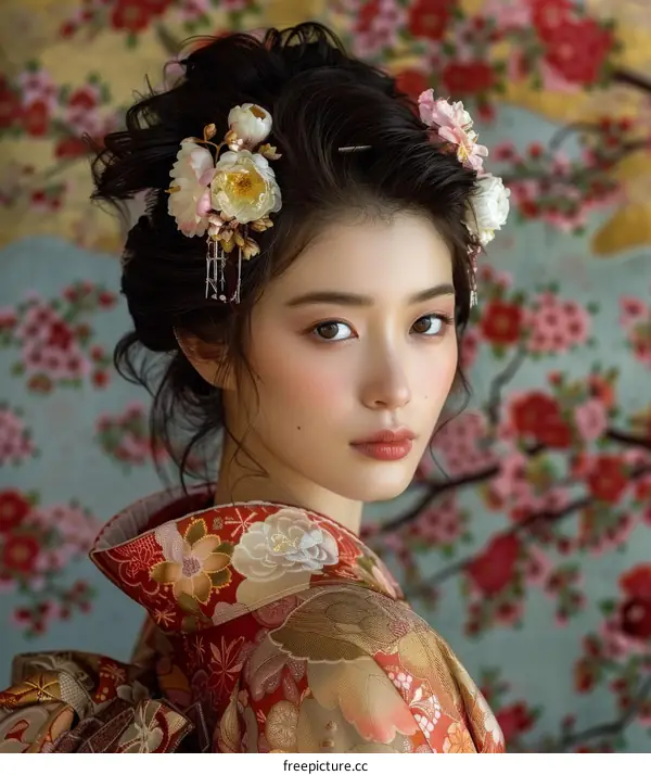 Portrait of a young Japanese woman in traditional kimono with floral hair accessories