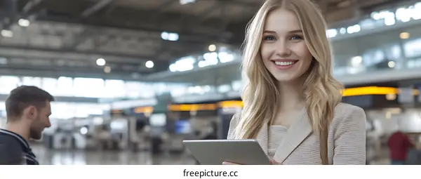 Smiling Woman Using Tablet in Airport Terminal