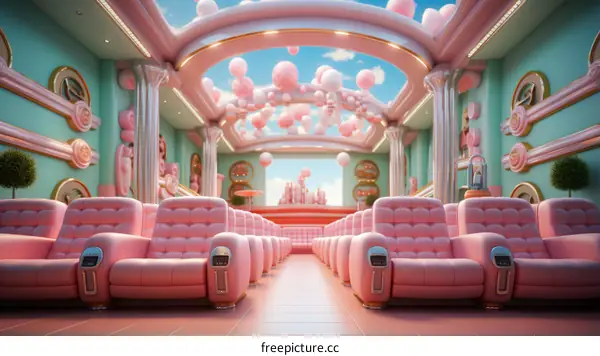 Pink retro futuristic movie theater