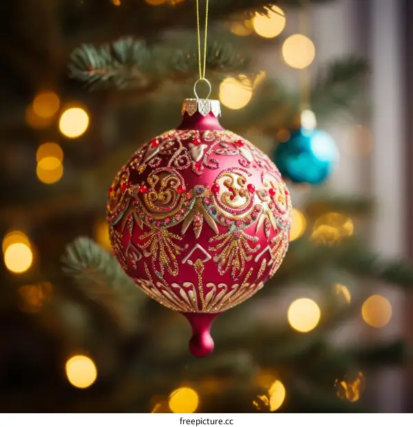 Red Christmas ball hanging on a Christmas tree with blurred lights in the background