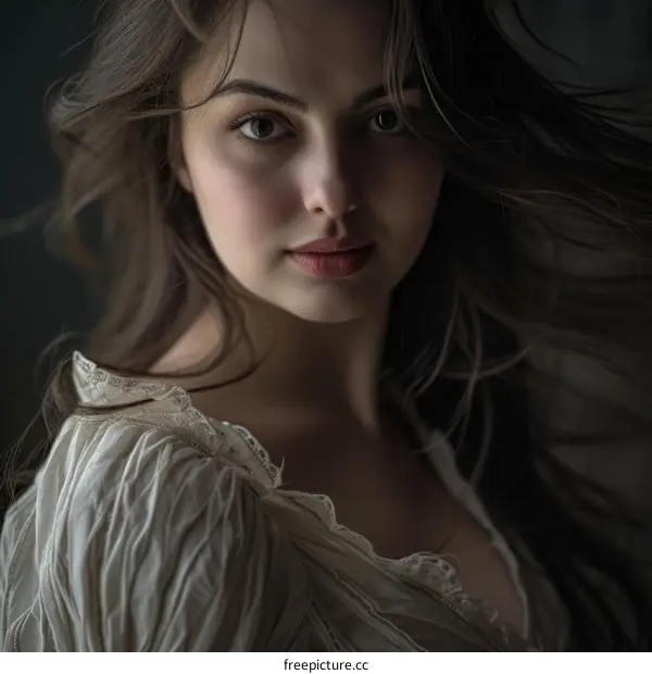 Portrait of a beautiful young woman with long brown hair wearing a white dress