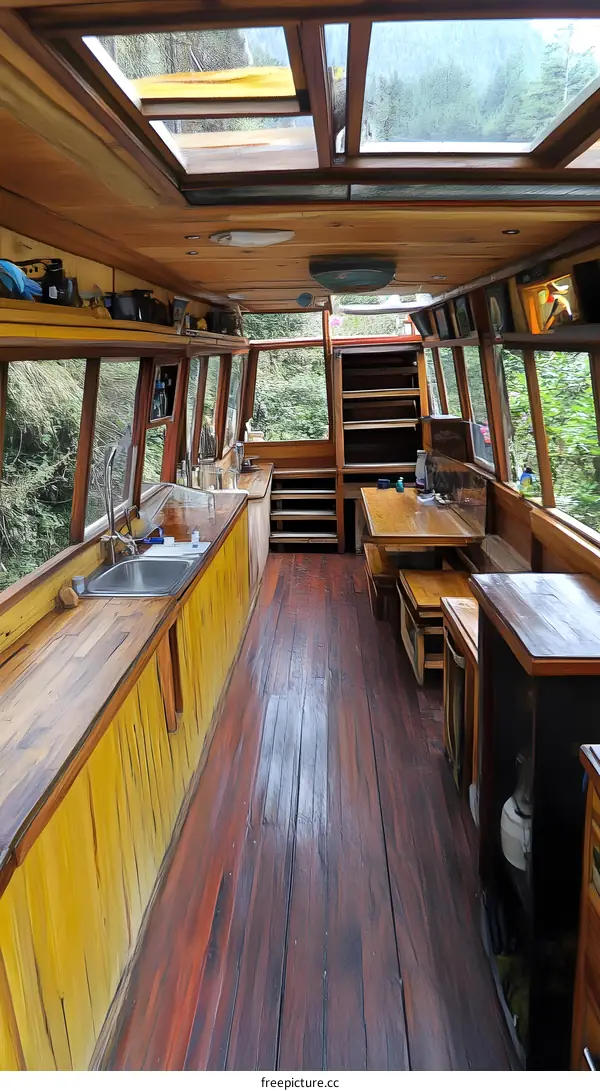 Wooden Interior of a Boat with a Kitchen Sink and Dining Table