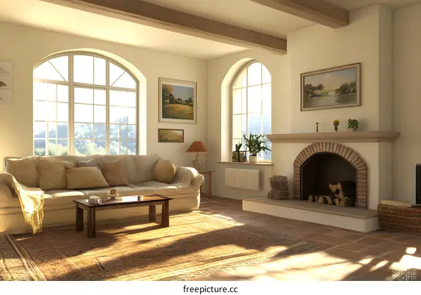 Living Room Interior Design with Fireplace and Large Windows