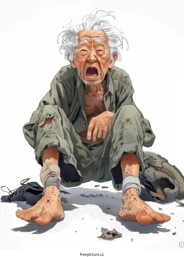 An old man sits on the ground with his mouth open and his hands on his knees