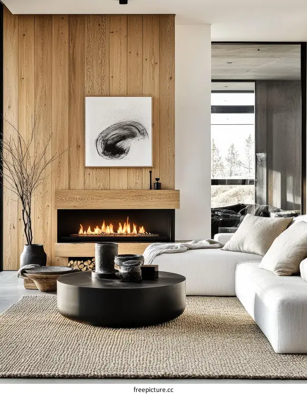 Modern Minimalist Living Room with Wood Accent Wall