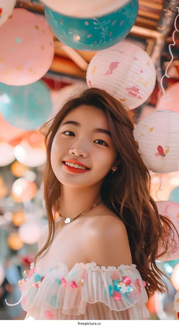 Smiling Asian Woman With Balloons and Lanterns