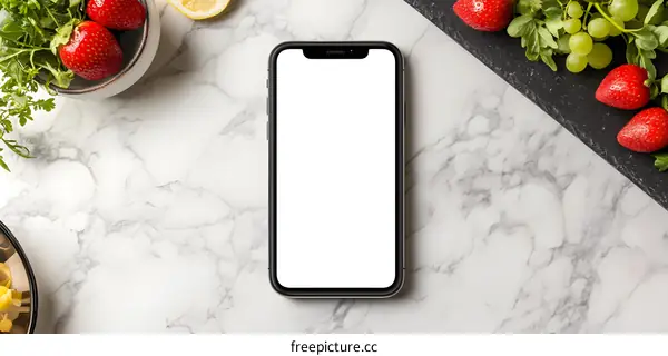 Blank Screen Smartphone Mockup With Fruit On Marble Background