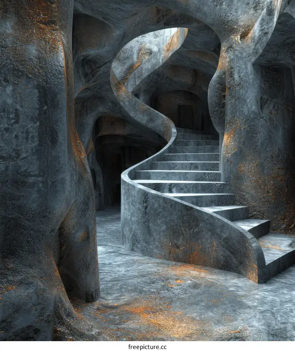 Abstract Concrete Spiral Staircase in a Cave-like Structure