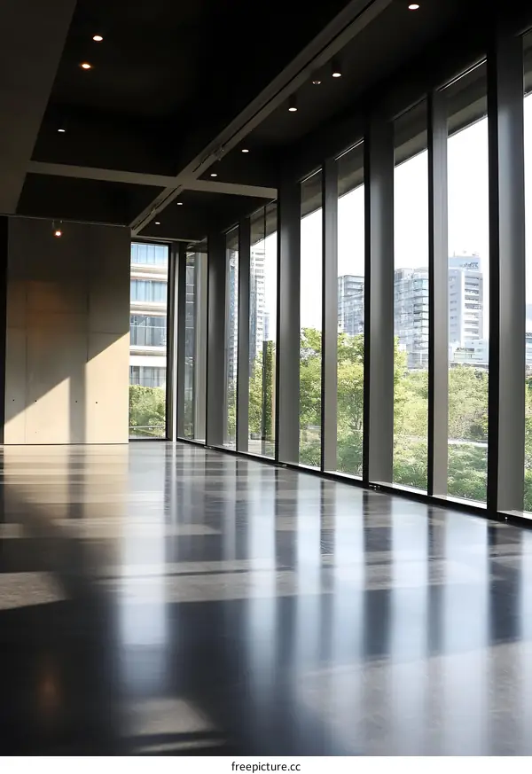 Modern Empty Hallway with Floor to Ceiling Windows and City View
