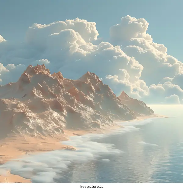 Fantasy landscape with rocks, sea and clouds