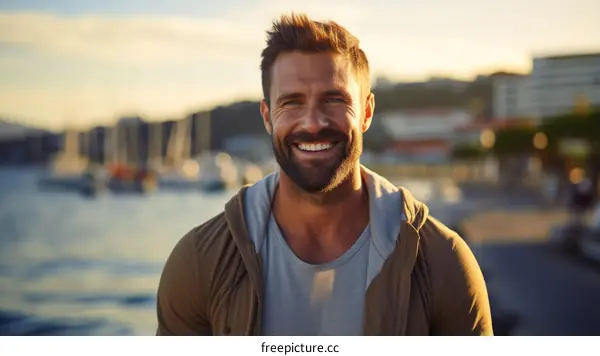 Portrait of a smiling man standing in front of a marina at sunset