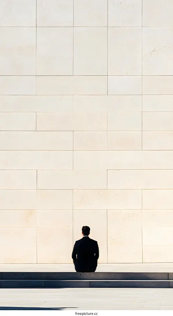 Man in Suit Sitting on Concrete Steps with a White Wall in the Background