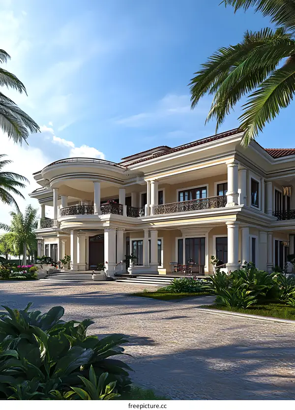 Beautiful Luxury Mansion With Palm Trees In Front