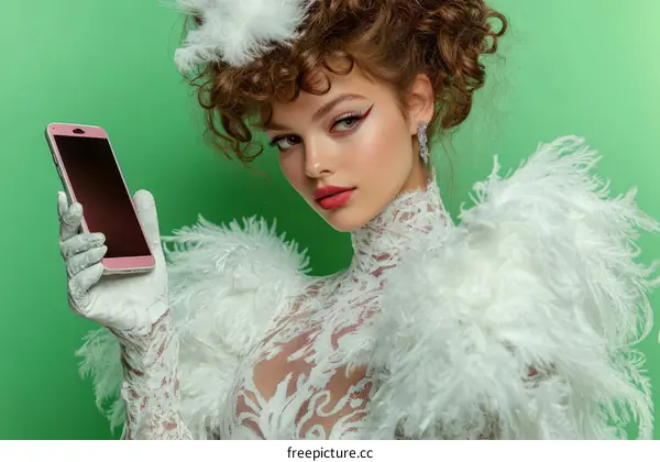 Elegant Woman Holding a Phone in Vintage Style Fashion