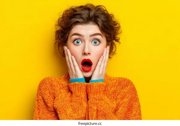 Surprised Woman in Orange Sweater against Yellow Background