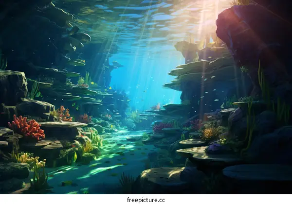 Underwater coral reef with a sandy ocean floor and sunlight streaming through the water