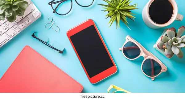 Top View Flat Lay of Office Supplies and Accessories on a Blue Background