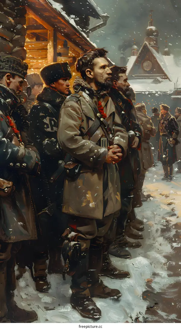 A group of soldiers standing in the snow outside a wooden house.