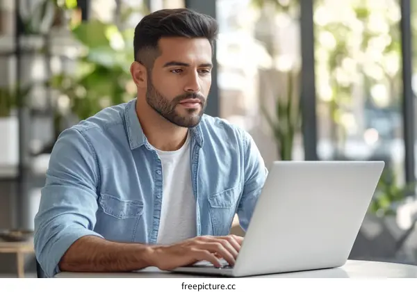 Focused Man Working on Laptop in Cafe