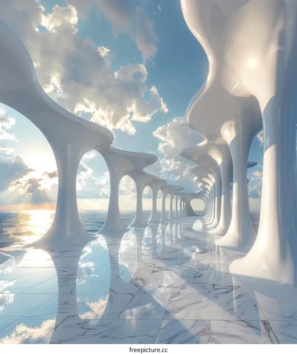 Futuristic Marble Corridor with Ocean View