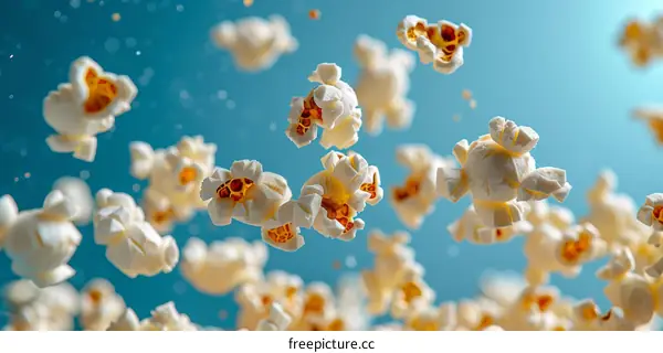 A blue background with a bunch of popcorn arranged in a circular shape in the center.