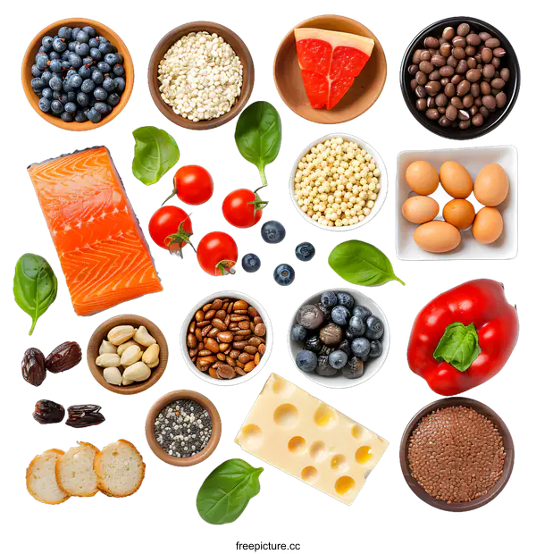 [Transparent Background PNG]Healthy Food Ingredients Flat Lay with White Background