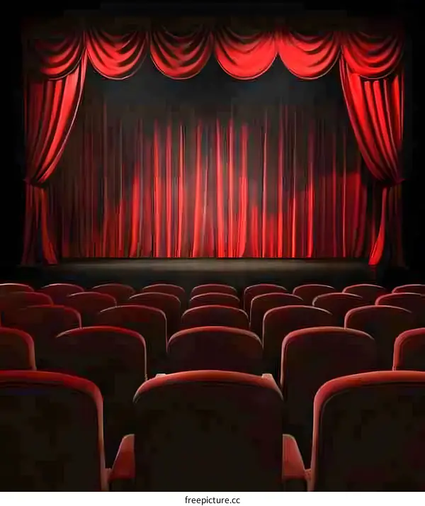 Empty Red Theater Seats and Stage Curtains