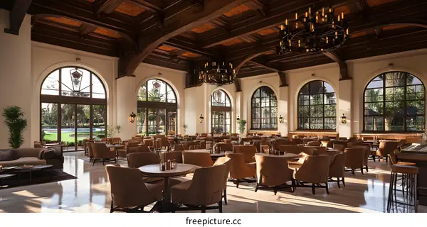 Modern Restaurant Interior Design with Large Arched Windows