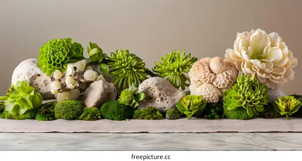 Green Floral Arrangement with Rocks and Moss