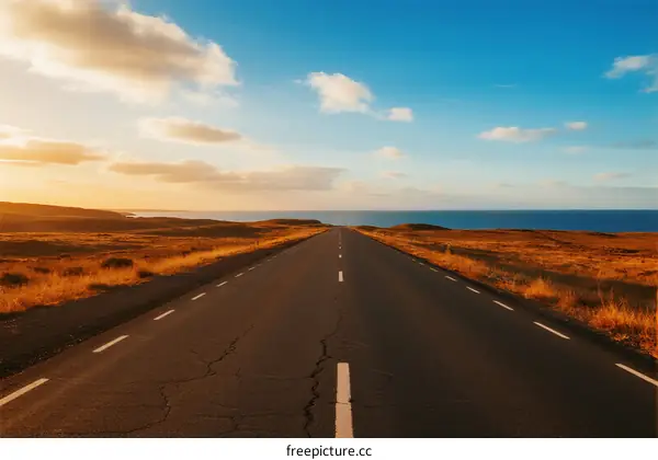 Long road extending towards the sea under a clear sky