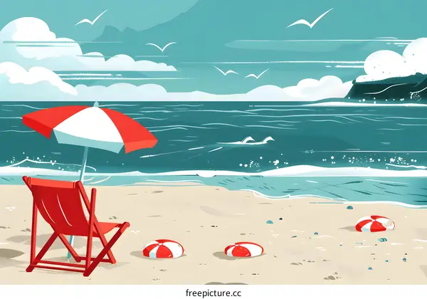 Beach Umbrella With Deck Chair And Inflatables