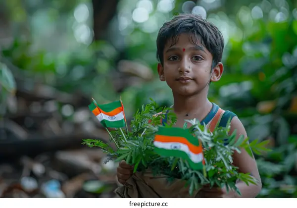 Indian boy holding Indian flags