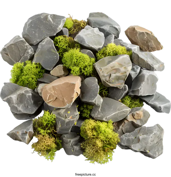 [Transparent Background PNG]Pile of Stones with Green Moss on White Background