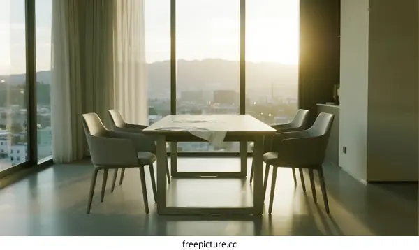 Modern dining room with large windows and city view at sunset