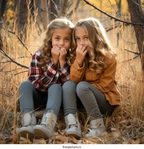 Two young girls sitting on a log in the woods looking scared