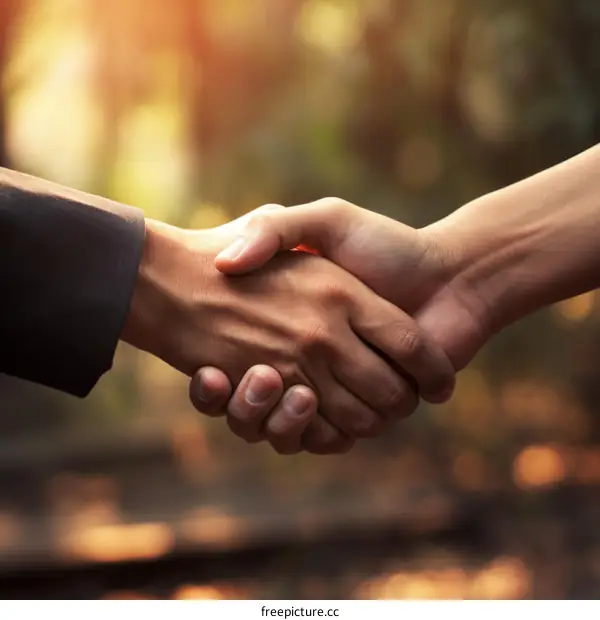 Businessman and businesswoman shaking hands outdoors in nature