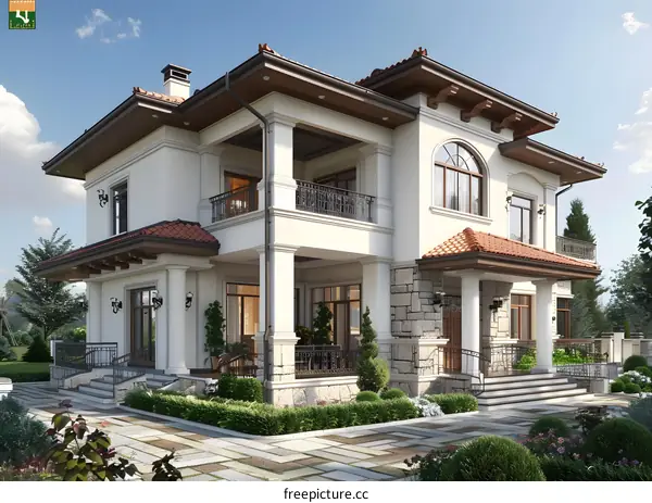 European style villa with beautiful flower garden