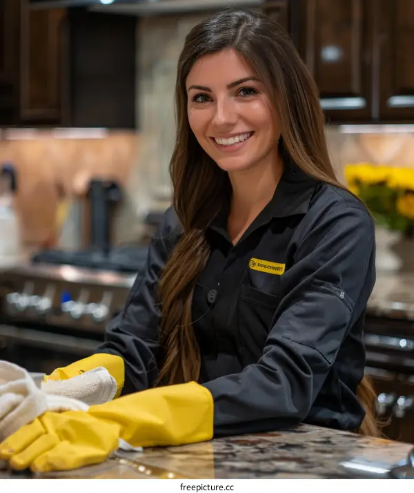 Cheerful young woman in yellow gloves cleaning the kitchen counter