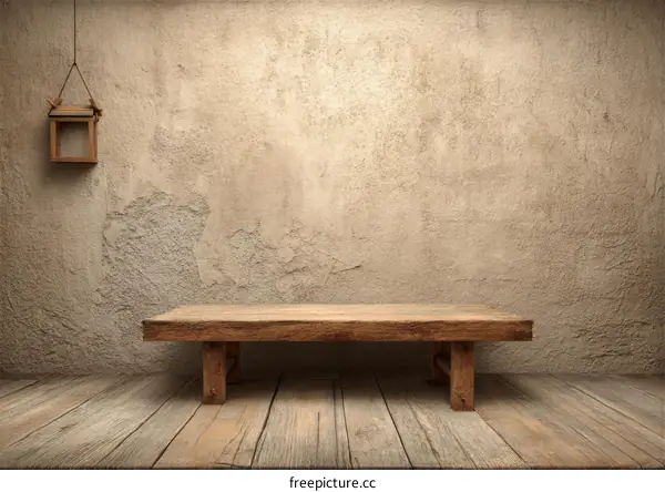 Empty Wooden Table Against Beige Wall Background