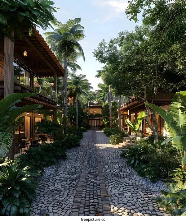 Courtyard with tropical plants and stone footpath